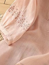 billige Skjorter-Dame Skjorter i bomullslin Helfarge Grunnleggende Fritid 3/4 ermer Crew-hals Vanlige topper Daglig Broderi Knapper Rosa Blå Aprikos Sommer