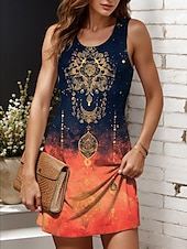 preiswerte Boho Kleider-Damen Minikleid Sommerkleid A Linie Kleid Urlaub Lässig Boho Outdoor Party Täglich Normale Passform Grafik Geometrisch Stammes Ärmellos U-Ausschnitt Weiß Gelb Rosa Blau Sommer Frühling