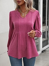 abordables Hauts Unis pour Femmes-Femmes Chemisier Couleur Unie Élégant Occasionnel manche longue Col en V Hauts Réguliers Quotidien Froncé Noir Rose Claire Fuchsia Vert Été Printemps