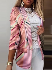 billiga Blazers och kostymer-Dam Kavaj Bekväm Andningsfunktion Ficka Mönster Ledigt Geometrisk Kontor Gata Ledigt Dagliga kläder Öppen front Normal Nedvikt Normal Långärmad Ytterkläder Svart Vit Rodnande Rosa Sommar Vår