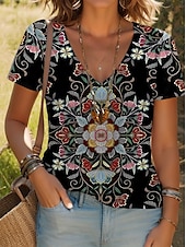 ieftine tricou boho-Pentru femei Tricou Floral Grafic Imprimeu Paisley Epocă Stilat Clasic Manșon scurt În V Topuri obișnuite Zilnic Imprimeu Negru Galben Roz Îmbujorat Roșu-aprins Mov Vară Primăvară