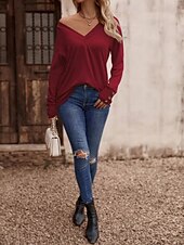 billige Plain t-skjorte-Dame Bluse Helfarge Stilfull Fritid Langermet V-hals Vanlige topper Daglig Knapper Svart Hvit Vin Militærgrønn Navyblå Sommer Vår