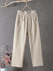 cheap Plain Cotton Linen Pant-Women&#039;s Normal Cotton Linen Pants Chinos Baggy Pants Solid Comfort Ankle-Length Mid Waist Side Pockets Elastic Waist Baggy Comfort Micro-elastic Casual Daily Black White Red Green Summer Spring Fall