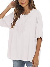 preiswerte Damen Einfache Oberteile-Damen Hemd Einfarbig Blumen Lässig Boho Dreiviertelarm Ellbogenärmel Rundhalsausschnitt Normale Oberteile Täglich Ausgehen Rüsche Bestickt Schwarz Weiß Rote Khaki Sommer