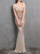 cheap RED-Mermaid / Trumpet Evening Gown Elegant Dress Formal Wedding Floor Length Short Sleeve Off Shoulder Velvet with Beading