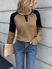 お買い得  ストライプ＆ジオメトリックTシャツ-女性用 ブラウス カラーブロック スタイリッシュ カジュアル 長袖 クルーネック レギュラートップス 日常 パッチワーク ボタン イエロー ワイン 夏 春