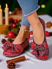 preiswerte Ballerinas für Damen-Ballerinas mit roter Schottenkaro-Schleife für Damen – Festtags-Ballerinas für Weihnachtsfeiern, Teepartys im Garten und gemütliche Abende