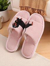 ieftine Flip-Flops de Damă-Papuci de casă pentru femei, din pluș, cu broderie de câini, sandale confortabile din catifea reiată, perfecți pentru relaxare și lenevire acasă