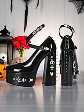 abordables Années 1980-Femmes Chaussures à Talons Soirée Rivet Boucle Plateau Talon Bloc Bout Rond Punk PU Boucle Noir