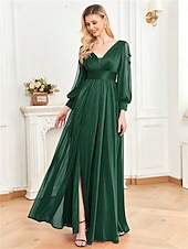 olcso Fekete-A-vonal Quinceanera Ruhák Elegáns Ruha Formális Esküvői Padló Hosszúságú Hosszú Ujjú V Nyak Sifon V Hátsó Ráncokkal Hasítékkal