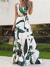 preiswerte Druck Blumen Kleider-Damen Langes Kleid Maxikleid Freizeitkleid Schwingkleid Sommerkleid Unterkleid Elegant Mode Modern Täglich Strand Wochenende Normale Passform Blume Ärmellos Rundhalsausschnitt Schwarz und Wei