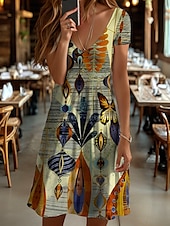 ieftine Rochii boho-Pentru femei Rochie Mini Rochii Tricou Rochie de Vară Rochie de vară Vacanță Casual Boho Zilnic Concediu Ieșire Fit regulat Grafic Geometric Fluture Manșon scurt În V Galben Roșu-aprins Albastru
