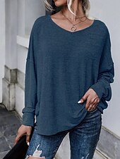 abordables Hauts Unis pour Femmes-Femmes Chemisier Uni Occasionnel manche longue Col en V Hauts Réguliers Quotidien Fête Sortir Ourlet asymétrique Bleu Poudré Violet Bleu clair Été