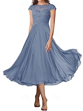 billiga Te Längd-A-linjeformad bröllopsfestmammas klänning elegant enkel krage ankellängd chiffon kort ärm med veck solid färg