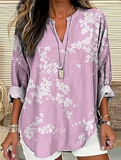 voordelige Bloemen tops-Dames Blouse Bloemig Stijlvol Modern Lange mouw V-hals Normale tops Dagelijks Feestdagen Afdrukken Wijn Marine Blauw blauw Paars Khaki Zomer