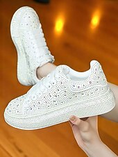 baratos Ténis de mulher-Tênis plataforma feminino branco com strass - sapatos de festa brilhantes com cadarço e detalhes em cristal para a vida noturna e para baladas