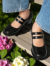 abordables Années 1950-Escarpins Mary Jane en similicuir marron pour femme – Chaussures vintage des années 1950 à talon bas et double bride à boucle, idéales au quotidien ou pour le bureau