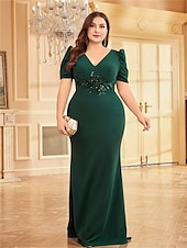 cheap BLUE-Mermaid / Trumpet Plus Size Dresses Elegant Curve Dress Formal Wedding Floor Length Short Sleeve V Neck Polyester with Appliques