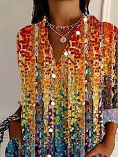preiswerte Damen Kunst- und Design-Oberteile-Damen Hemd Ombre Grafik Geometrisch Täglich Stilvoll Modern Langarm Hemdkragen Normale Oberteile Täglich Ferien Knöpfe Druck Rote Regenbogen Sommer Frühling Herbst