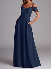 baratos Vestidos para Madrinhas-Vestido de Madrinha A-Line Alça Fina Manga Curta Elegante Comprimento Total Chiffon com Cor Sólida 2025