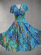 abordables Robes fleuries-Femmes Robe Midi Robe d&#039;été Robe ajustée et évasée Fête Occasionnel Quotidien Fête Coupe régulière Fleuri Graphique Manche Courte Col en V Bleu Fuchsia Orange Été