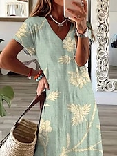 preiswerte Blumenkleider-Damen Maxikleid Freizeitkleid Sommerkleid A Linie Kleid Elegant Urlaub Lässig Strand Normale Passform Blumen Grafik Kurzarm V Ausschnitt Hellgrün Grau Sommer Frühling