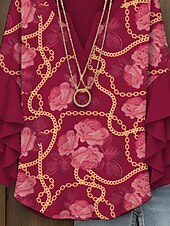 billige Blomstrete topper-Dame Bluse Blomstret Grafisk Elegant Daglig Fritid 3/4 ermer V-hals Vanlige topper Daglig Ferie Trykt mønster Gul Rød Blå Lilla Grønn Sommer Vår Høst