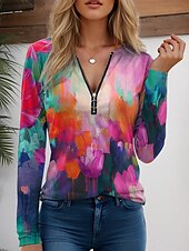 billige Kunst &amp; Design t-skjorte-Dame T skjorte Grafisk Geometrisk Abstrakt Årgang Moderne Fritid Langermet V-hals Vanlige topper Daglig Helg Glidelås Trykt mønster Gul Rosa Rød Blå Vår Høst