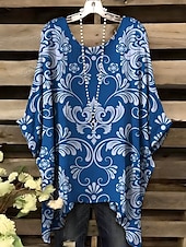 olcso Női Boho Felsők-Női Blúz Grafika Mértani Elegáns Szüret Napi Rövid ujjú Denevérujj Terített nyak Normál felsők Napi Szabadság Strandruházat Rubin Medence Narancssárga Nyár Tavasz