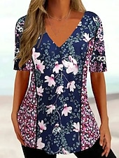 billige Boho t-skjorte-Dame T skjorte Nyanse Blomstret Grafisk Bohem Årgang Klassisk Kortermet V-hals Vanlige topper Daglig Ut på byen Helg Trykt mønster Svart og Hvit Navyblå Lilla Sommer Vår