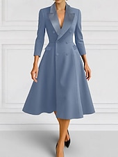 cheap Tea Length-A-Line Blazer Dress Mother of the Bride Dress Tuxedo Dress Elegant Simple Minimalist V Neck Peak Lapel Tea Length Midi Length Flap Pockets Stretch Crepe 3/4 Length Sleeve with Covered Buttons