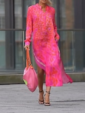abordables Robes fleuries décontractées-Femmes Robe Midi Robe Fleurie Mode Classique Moderne Extérieur Vacances Quotidien Coupe régulière Léopard manche longue Col en V Bleu Vert Rose rouge Été