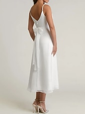 preiswerte Hochzeitskleider-Verlobung Kleine Weiße Kleider Hochzeitskleider A-Linie V Ausschnitt Spaghettiträger Tee-Länge Satin Brautkleider Mit Gerafft 2025