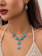 economico Collana da donna-Set di gioielli da donna in turchese – collana con ciondolo ovale vintage placcato argento e orecchini pendenti per stile boho, festival estivi e feste in spiaggia