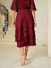 billige Chiffon skjørt-Dame الالتفاف Elegant Midi Medium Midje Skjørt Blomster Multi Layer Uelastisk Fest Avslappet Vin Sommer Chiffon