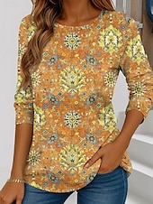 billige Boho t-skjorte-Dame T skjorte Grafisk Geometri Stilfull Fritid Langermet Crew-hals Vanlige topper Daglig Helg Trykt mønster Gul Blå Fuksia Oransje Sommer