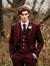 abordables Trajes de boda-De los hombres Boda Ropa de fiesta de noche Trajes Burdeos Moda Formal Color sólido Estándar Juego de 3 piezas Recto 2 botones