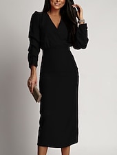 olcso Egyszerű ruha-Női Midi ruha Bodycon ruha Félig hivatalos ruhák Iroda Normál Sima Hosszú ujj V-alakú Fekete Lóhere Nyár