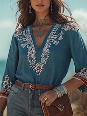 ieftine Topuri boho pentru femei-Pentru femei Bluză Floral Grafic Imprimeu Paisley Boemia Epocă Tropical Lungime Manșon 3/4 În V Topuri obișnuite Albastru piscină Vară Primăvară