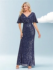 economico BLU-Abiti da festa per quindici anni sirena  tromba abito elegante formale da matrimonio lunghezza a terra maniche corte scollatura a V poliestere con glitter