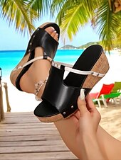 abordables Sandales de Vacances-Sandales compensées en liège noir et blanc pour femmes avec des accents de strass, chaussures d&#039;été décontractées à enfiler pour les sorties à la plage et les tenues de vacances