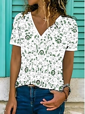 abordables T-shirt floral-Femmes T-shirt Fleuri Graphique Plantes Bohème ancien Élégant Manche Courte Col en V Hauts Réguliers Quotidien Sortir Week-end Imprimé Vert Claire Rose Claire Vert Été