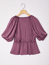 cheap Blouses &amp; Shirts-V-Neck Puff Sleeve Peplum Top