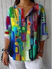 economico Top a Righe e Geometrici per Donne-Camicia da donna maniche lunghe scollo a V grafica floreale geometrica vintage tropicale hawaiana maniche 3/4 lunghezza collo regolare abbigliamento da spiaggia quotidiano stampa verde chiaro verde