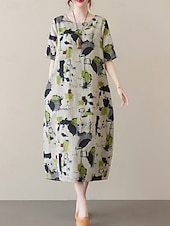 cheap Print Cotton &amp; Linen Dresses-Women&#039;s Maxi Dress Summer Dress Casual Daily Regular Fit Graphic Short Sleeve Crew Neck Gray Summer