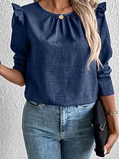 billige Plain t-skjorte-Dame T skjorte عادي Mote Moderne Fritid Langermet Crew-hals Vanlige topper Daglig Helg Drapering Knapper Svart Navyblå Kakifarget Grå Sommer