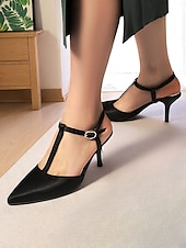 cheap Kitten Heels-Women&#039;s Brown T-Strap Pointed Toe Heels - Elegant Slingback Dress Shoes with Buckle for Office Wear and Daytime Dates