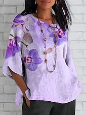 billige Blomstrete topper-Dame Bluse Blomstret Grafisk Bohem Daglig Etnisk 3/4 ermer Crew-hals Vanlige topper Daglig Ferie Ferieklær Trykt mønster Lilla Sommer Vår