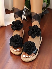 cheap Casual-Women&#039;s White Flower Lace-Up Flat Sandals, Casual Wedding Style, Beach Bride Shoes with Ribbon Straps and Floral Details