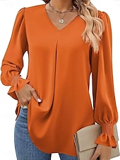 preiswerte Elegante Oberteile-Damen Hemd Einfarbig Einfach Elegant Stilvoll Basic Langarm V Ausschnitt Einkerbiger Ausschnitt Normale Oberteile Arbeit Täglich Ferien Rüsche Rosa Rote Königsblau Orange Khaki Frühling Herbst Winter